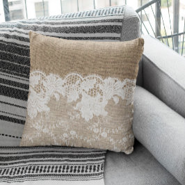 ヴィンテージ素朴な田舎のベージュのバーラップと白いレース クッション