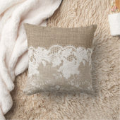 ヴィンテージ素朴な田舎のベージュのバーラップと白いレース クッション (ブランケット)