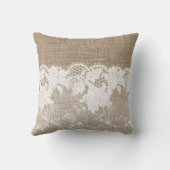 ヴィンテージ素朴な田舎のベージュのバーラップと白いレース クッション (裏面)