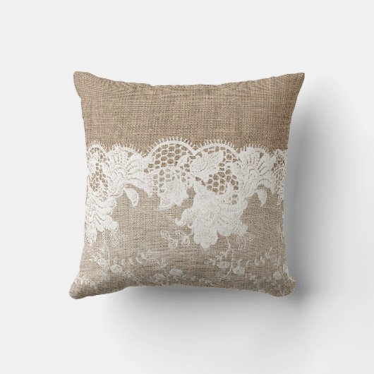 ヴィンテージ素朴な田舎のベージュのバーラップと白いレース クッション (裏面)