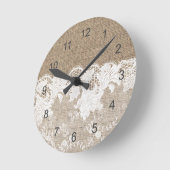 ヴィンテージ素朴な田舎のベージュのバーラップと白いレース ラウンド壁時計 (傾斜)