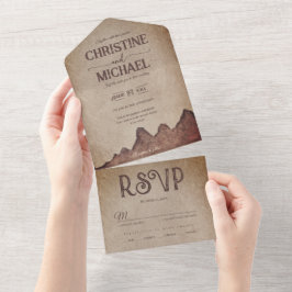 ヴィンテージ素朴な紙茶色の結婚山々 オールインワン招待状