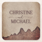 ヴィンテージ素朴な紙茶色の結婚山々 スクエアペーパーコースター (正面)