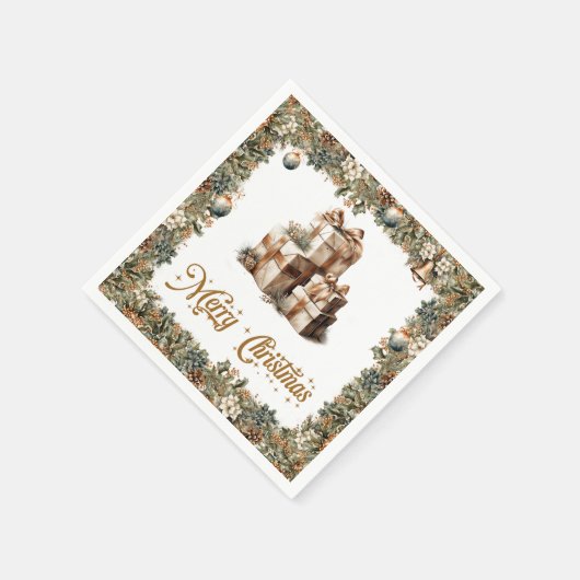 ヴィンテージ素朴な緑と金ゴールドのクリスマスプレゼント スタンダードカクテルナプキン (角)