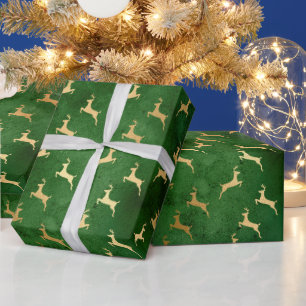 ヴィンテージ素朴な緑の金ゴールドかわいいトナカイのクリスマス ラッピングペーパー