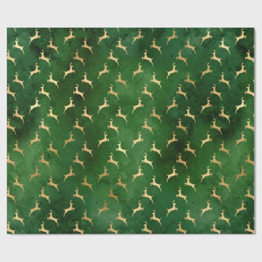 ヴィンテージ素朴な緑の金ゴールドかわいいトナカイのクリスマス ラッピングペーパー (フラット)