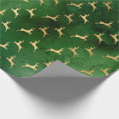 ヴィンテージ素朴な緑の金ゴールドかわいいトナカイのクリスマス ラッピングペーパー (角)