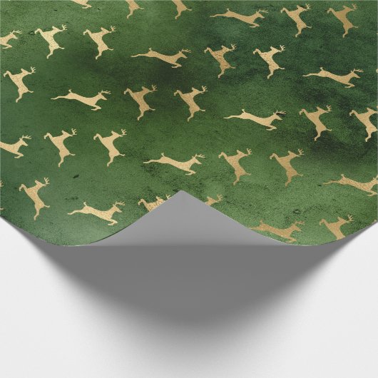 ヴィンテージ素朴な緑の金ゴールドかわいいトナカイのクリスマス ラッピングペーパー (角)