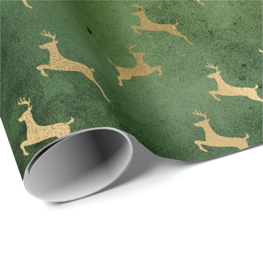 ヴィンテージ素朴な緑の金ゴールドかわいいトナカイのクリスマス ラッピングペーパー (ロールコーナー)