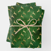 ヴィンテージ素朴な緑の金ゴールドかわいいトナカイのパターン ラッピングペーパーシート (インサイチュ)