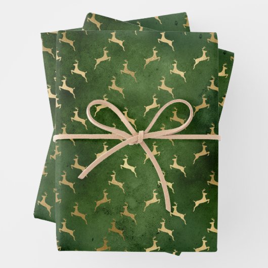 ヴィンテージ素朴な緑の金ゴールドかわいいトナカイのパターン ラッピングペーパーシート (インサイチュ)