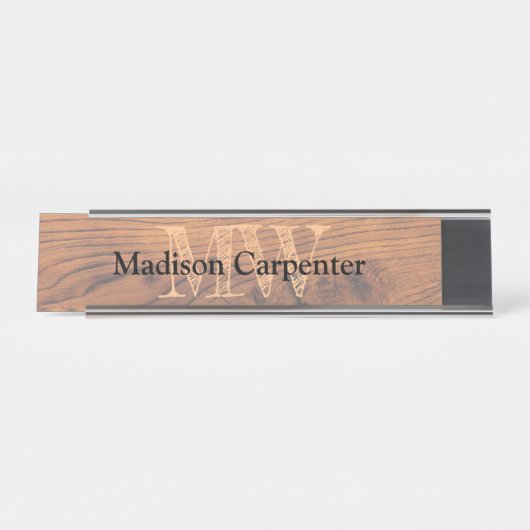 ヴィンテージ素朴な茶色の焼けた木材カーペンターモノグラム デスクネームプレート (正面)