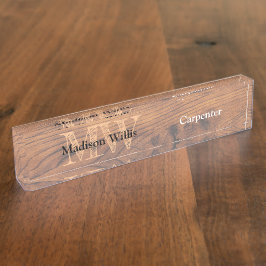 ヴィンテージ素朴な茶色の焼けた木材カーペンターモノグラム デスクネームプレート