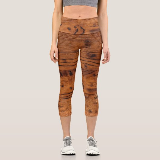 ヴィンテージ素朴な茶色の燃えた木材モノグラム カプリレギンス (正面)