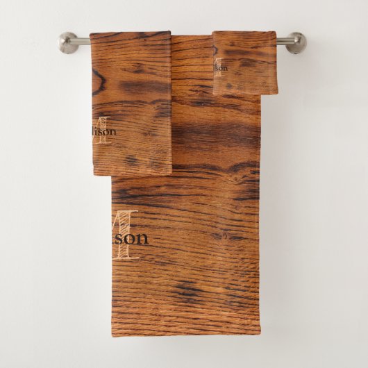 ヴィンテージ素朴な茶色の燃えた木材モノグラム バスタオルセット (インサイチュ)
