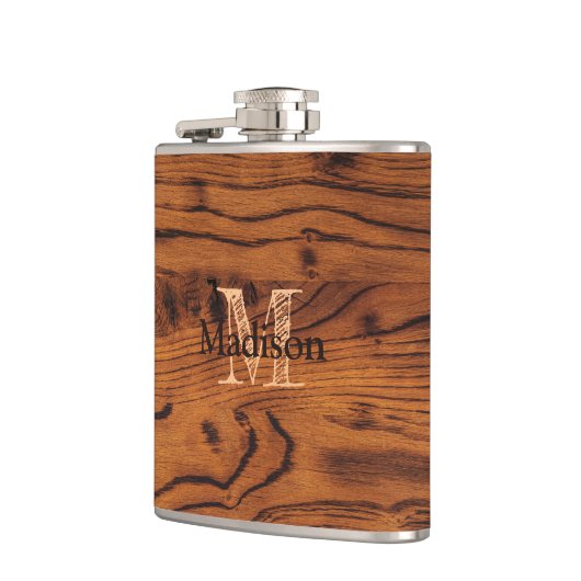 ヴィンテージ素朴な茶色の燃えた木材モノグラム フラスク (左)