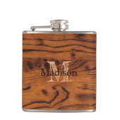 ヴィンテージ素朴な茶色の燃えた木材モノグラム フラスク (正面)
