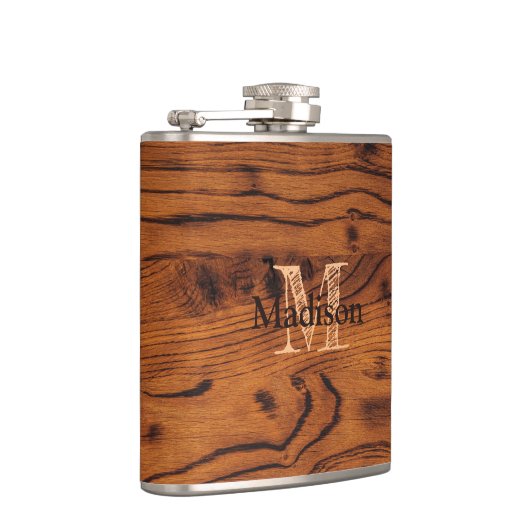 ヴィンテージ素朴な茶色の燃えた木材モノグラム フラスク (右)