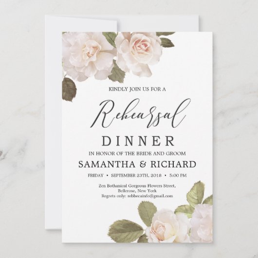 ヴィンテージ素朴な赤面フランスのバラリハーサル 招待状 (正面)