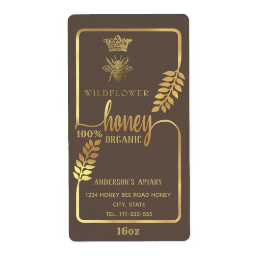 ヴィンテージ素朴な金ゴールドクイーンビー蜂蜜の枝の瓶 ラベル (正面)