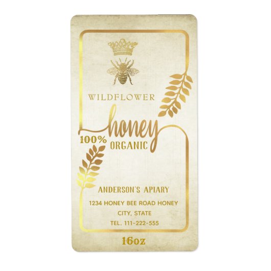 ヴィンテージ素朴な金ゴールドクイーンビー蜂蜜の枝の瓶 ラベル (正面)