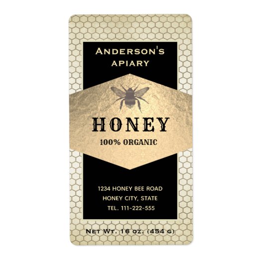ヴィンテージ素朴な金ゴールドミツバチ蜂蜜瓶ラベル ラベル (正面)