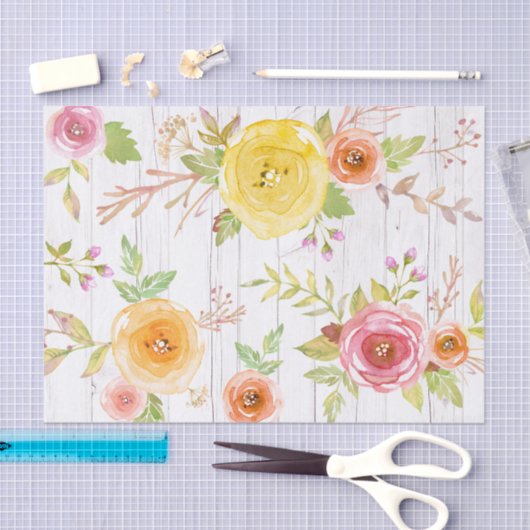 ヴィンテージ素朴な黄色のピンクのフローラ水色、木材 薄葉紙 (クラフト)