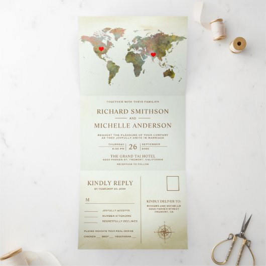 ヴィンテージ素朴の世界地図すべて結婚の 三つ折り招待状 (内部)