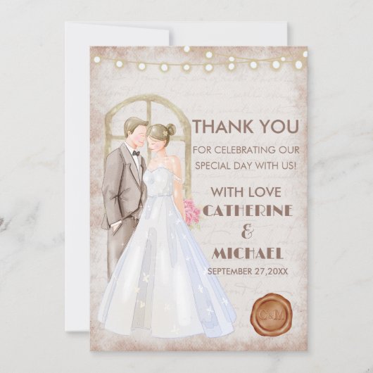 ヴィンテージ素朴の水色ロマンチックなストリングライト サンキューカード (正面)