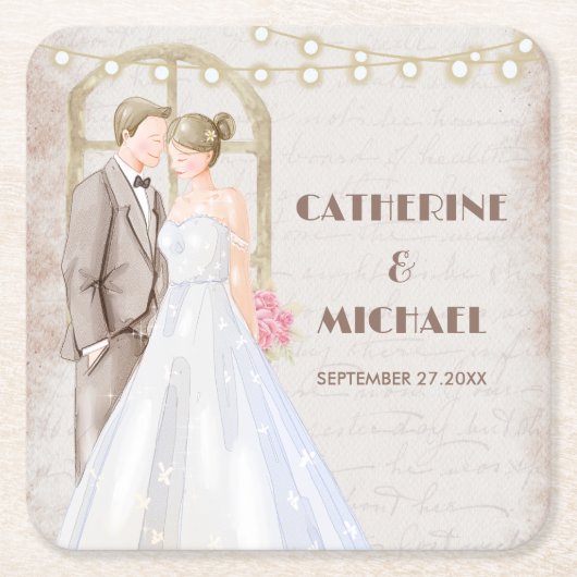 ヴィンテージ素朴の水色ロマンチックなストリングライト スクエアペーパーコースター (正面)