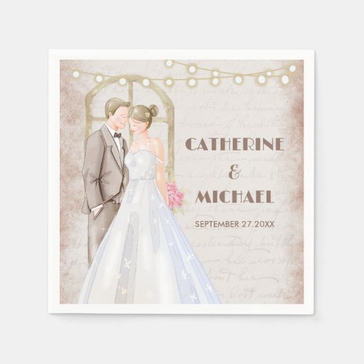 ヴィンテージ素朴の水色ロマンチックなストリングライト スタンダードカクテルナプキン (正面)