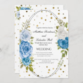 ヴィンテージ素朴の結婚青い花の金ゴールド 招待状 (正面/裏面)