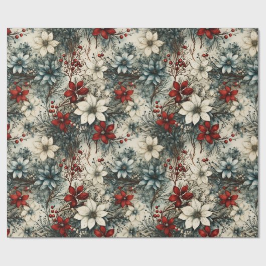 ヴィンテージ素朴の赤い植物性クリスマス ラッピングペーパー (フラット)