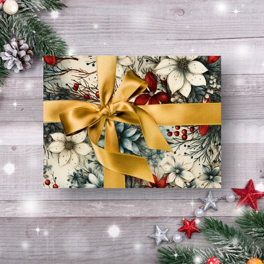 ヴィンテージ素朴の赤い植物性クリスマス ラッピングペーパー