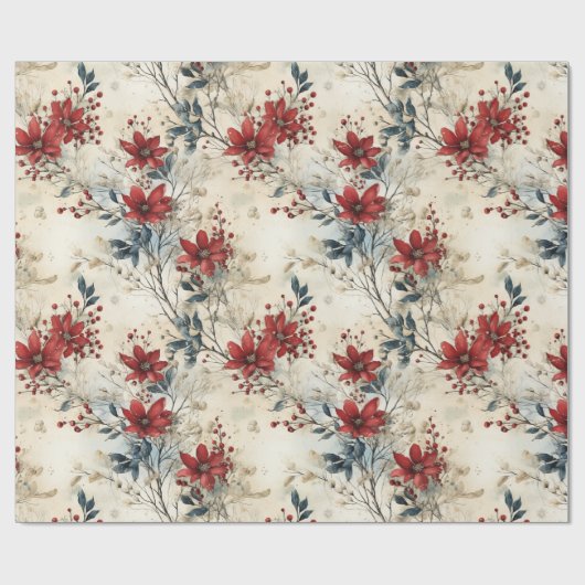 ヴィンテージ素朴の赤い植物性クリスマス ラッピングペーパー (フラット)