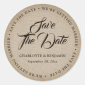 ヴィンテージ素朴のBurlap結婚式の日付を保存 ラウンドシール (正面)