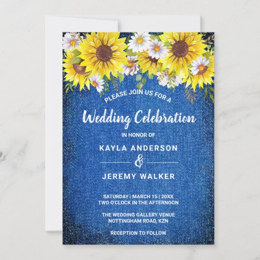 ヴィンテージ素朴は青いデニムひまわりのデイジー 招待状 (正面)