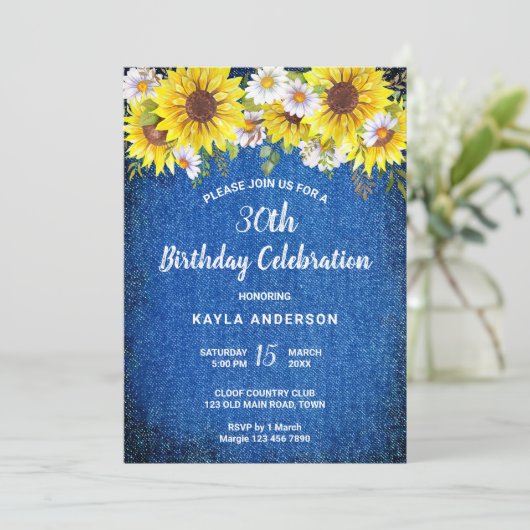 ヴィンテージ素朴は青いデニムひまわりのデイジー 招待状 (スタンド正面)