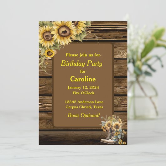 ヴィンテージ素朴ひまわりブーツ誕生日パーティー 招待状 (スタンド正面)