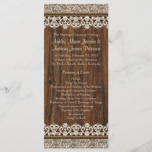 ヴィンテージ素朴アイボリーレースウッド結婚式 プログラム (正面)