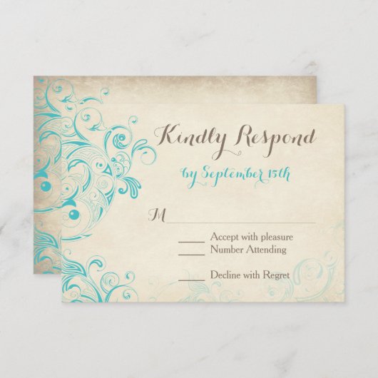 ヴィンテージ素朴アクアフローリッシュウェディングRSVPカード 出欠カード (正面/裏面)