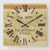 ヴィンテージ素朴アンティークオールドワールドマップカスタム スクエア壁時計 (正面)