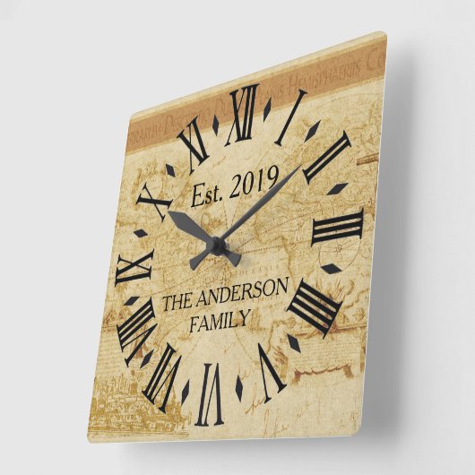 ヴィンテージ素朴アンティークオールドワールドマップカスタム スクエア壁時計 (傾斜)