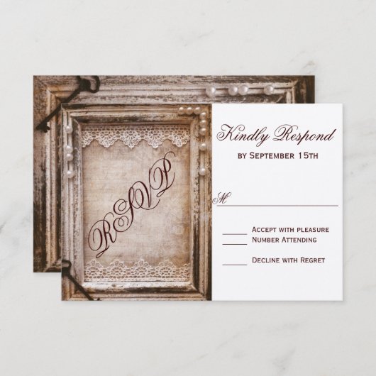 ヴィンテージ素朴アンティークブラウンフレームウェディングRSVP 出欠カード (正面/裏面)