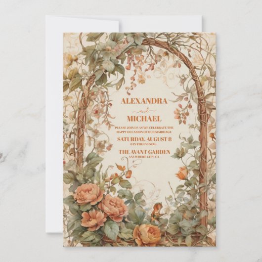 ヴィンテージ素朴アールヌーボー結婚フローラ 招待状 (正面)