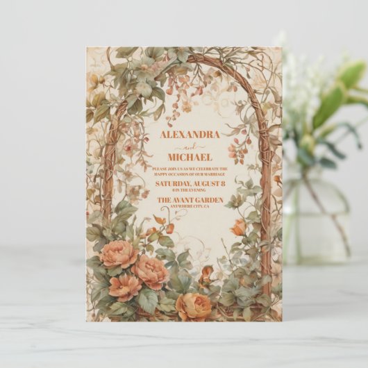 ヴィンテージ素朴アールヌーボー結婚フローラ 招待状 (スタンド正面)