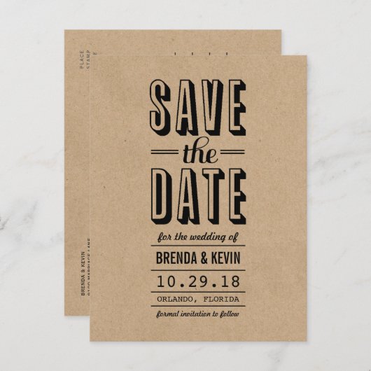 ヴィンテージ素朴ウェディング日付ポストカードの保存 案内ポストカード (正面/裏面)
