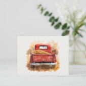 ヴィンテージ素朴ウォーターの赤い農業用トラックと干し草 ポストカード (スタンド正面)