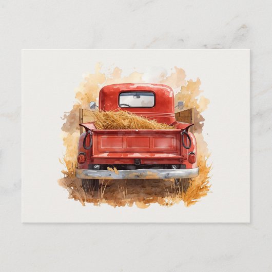 ヴィンテージ素朴ウォーターの赤い農業用トラックと干し草 ポストカード (正面)