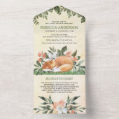 ヴィンテージ素朴ウッドランド眠るキツネベビーシャワー オールインワン招待状 (内側)